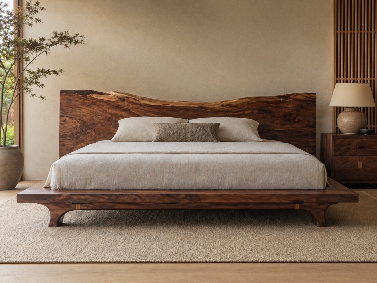 Low walnut platform bed with a live-edge headboard, set in a plastered bedroom with a single maple branch