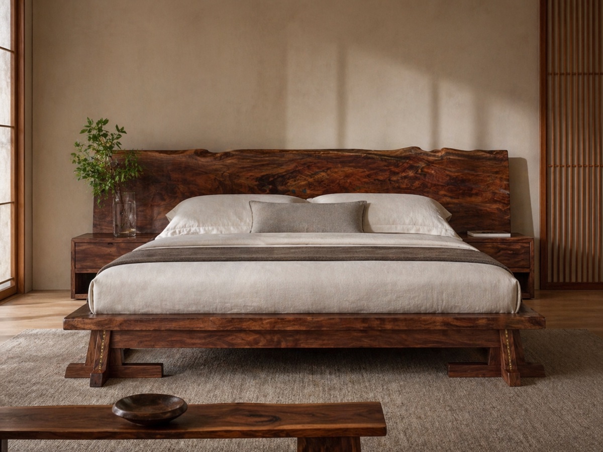Walnut platform bed with burled live-edge headboard, flanked by nightstands and a wooden screen