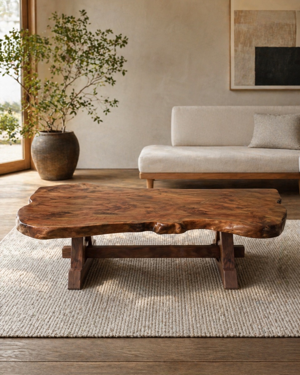 Live-edge walnut coffee table on a trestle base, beside a low linen sofa and a potted tree