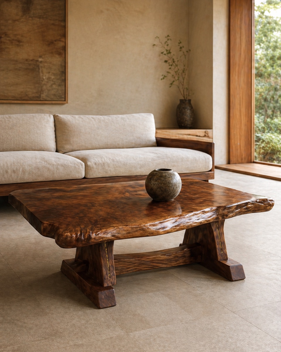 Burled walnut coffee table with a stone vessel, in a plaster-walled sitting room