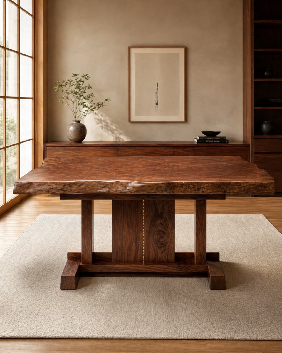 Live-edge walnut writing desk with a trestle base, set in a quiet study with plaster walls