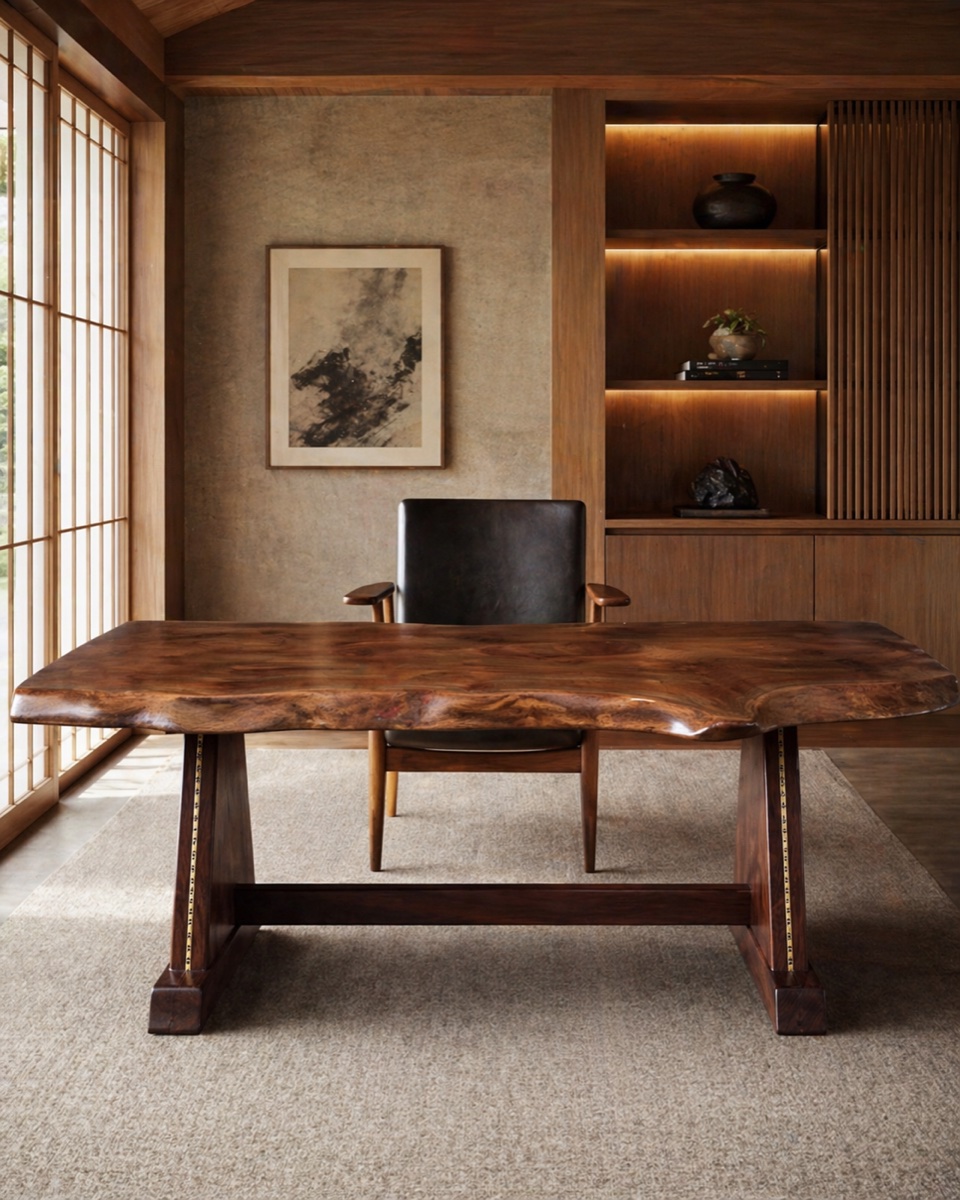 Walnut writing desk with leather chair, backlit shelves, and a framed ink painting